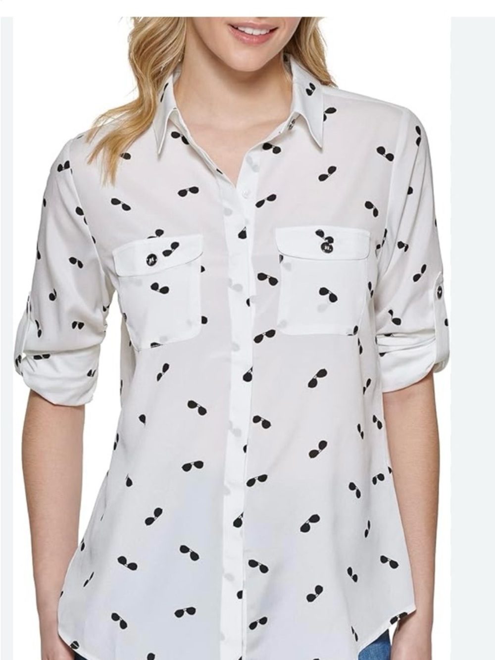 Karl Lagerfeld Silky White Shirt with Black Sunglass Motif Size Medium - Picture 2 of 7